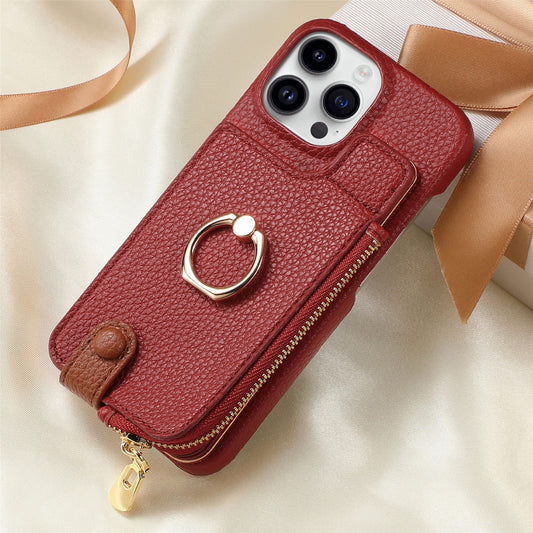 Luxury Leather Wallet Case with Ring Holder & Zipper Pouch | Compatible With iPhone X , iPhone 11, iPhone 12, iPhone 13, iPhone 14, iPhone 15, iPhone 16