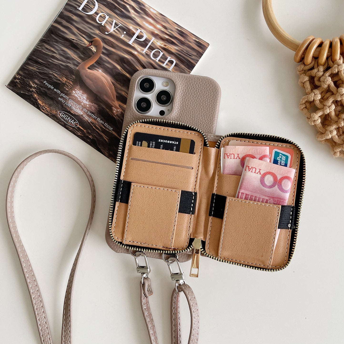Phone Case Lychee Pattern | Protective Cover with Zipper Card Holder Lanyard Compatible with All Model IPhone 12 | IPhone 13 | IPhone 14 | IPhone 15