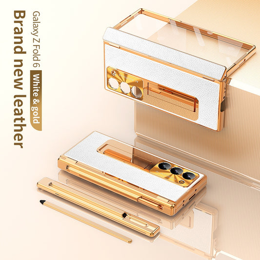 All-inclusive Electroplating Plain Leather Double Hinge Phone Case Hard Case With Pen Slot | Samsung Z Fold 3 |Samsung Z Fold 4 | Samsung Z Fold 5 | Samsung Z Fold 6