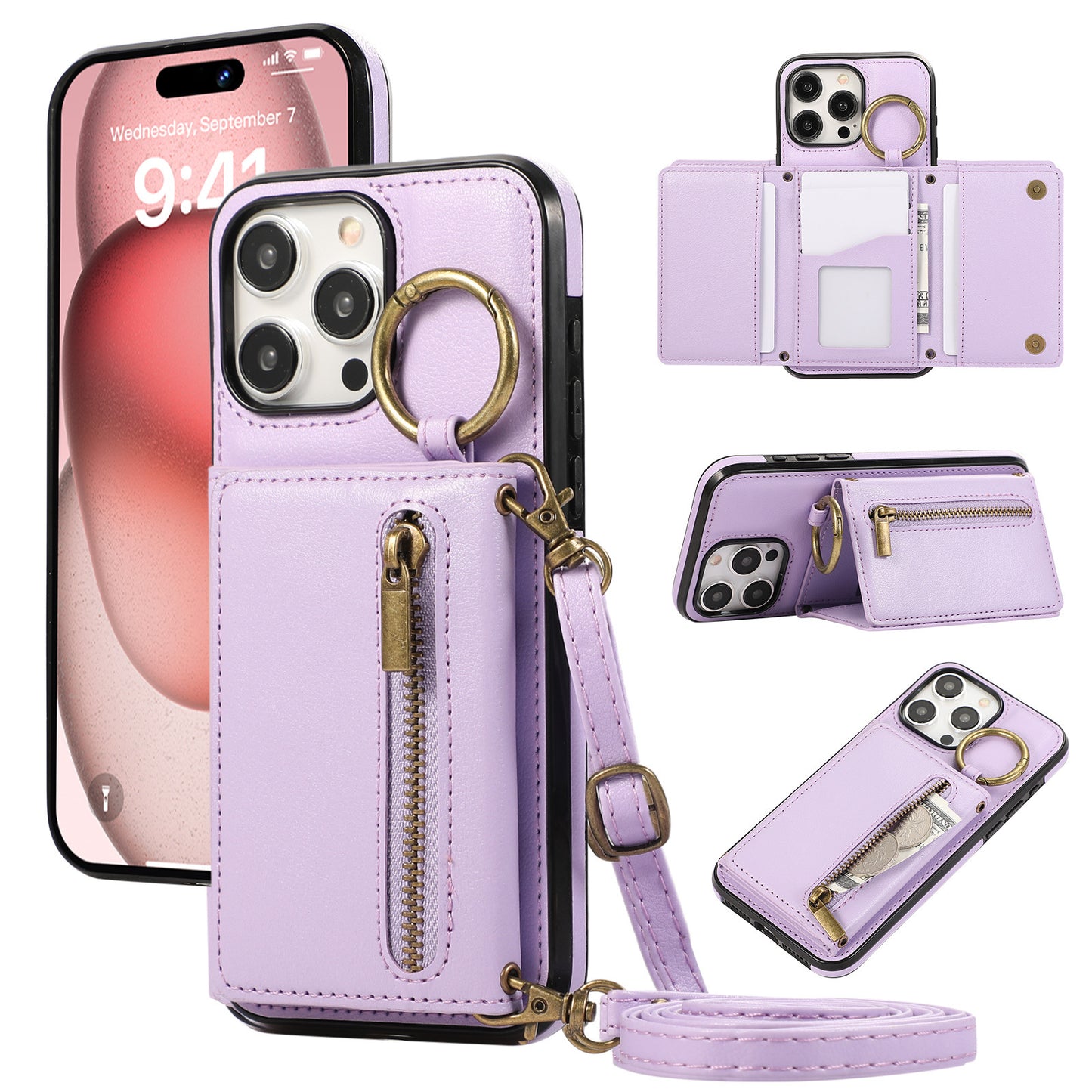 Crossbody Mobile Phone | Tri-fold Fastened Ring Zipper Card Holder | Suitable For IPhone 15 ProMax