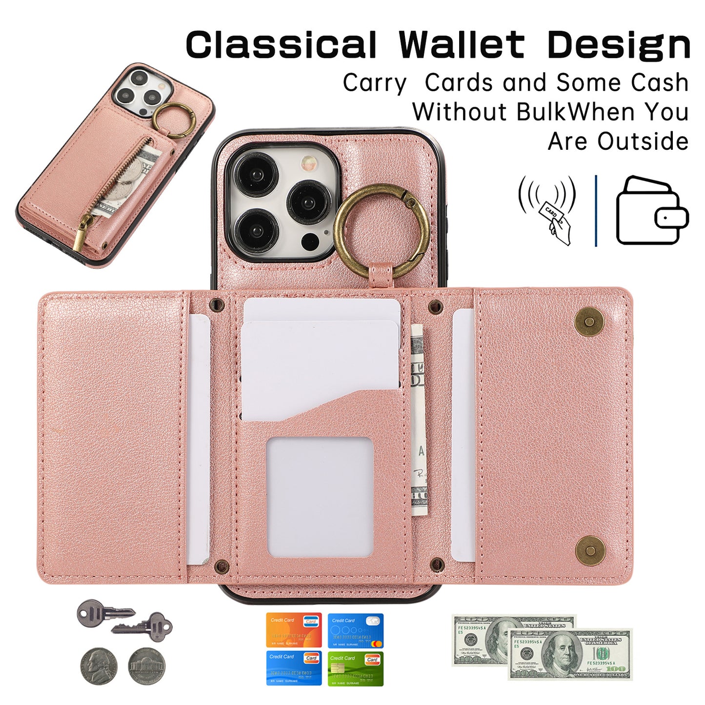 Crossbody Mobile Phone | Tri-fold Fastened Ring Zipper Card Holder | Suitable For IPhone 15 ProMax