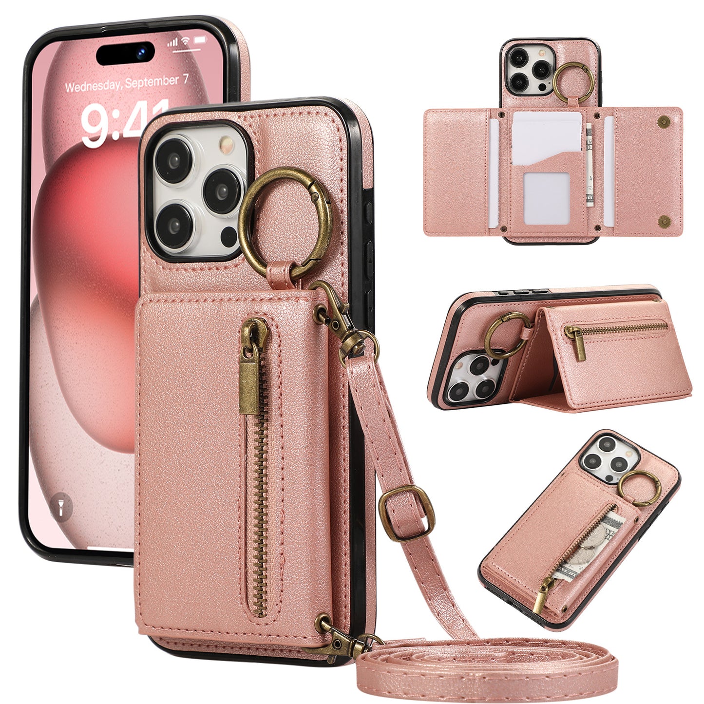 Crossbody Mobile Phone | Tri-fold Fastened Ring Zipper Card Holder | Suitable For IPhone 15 ProMax