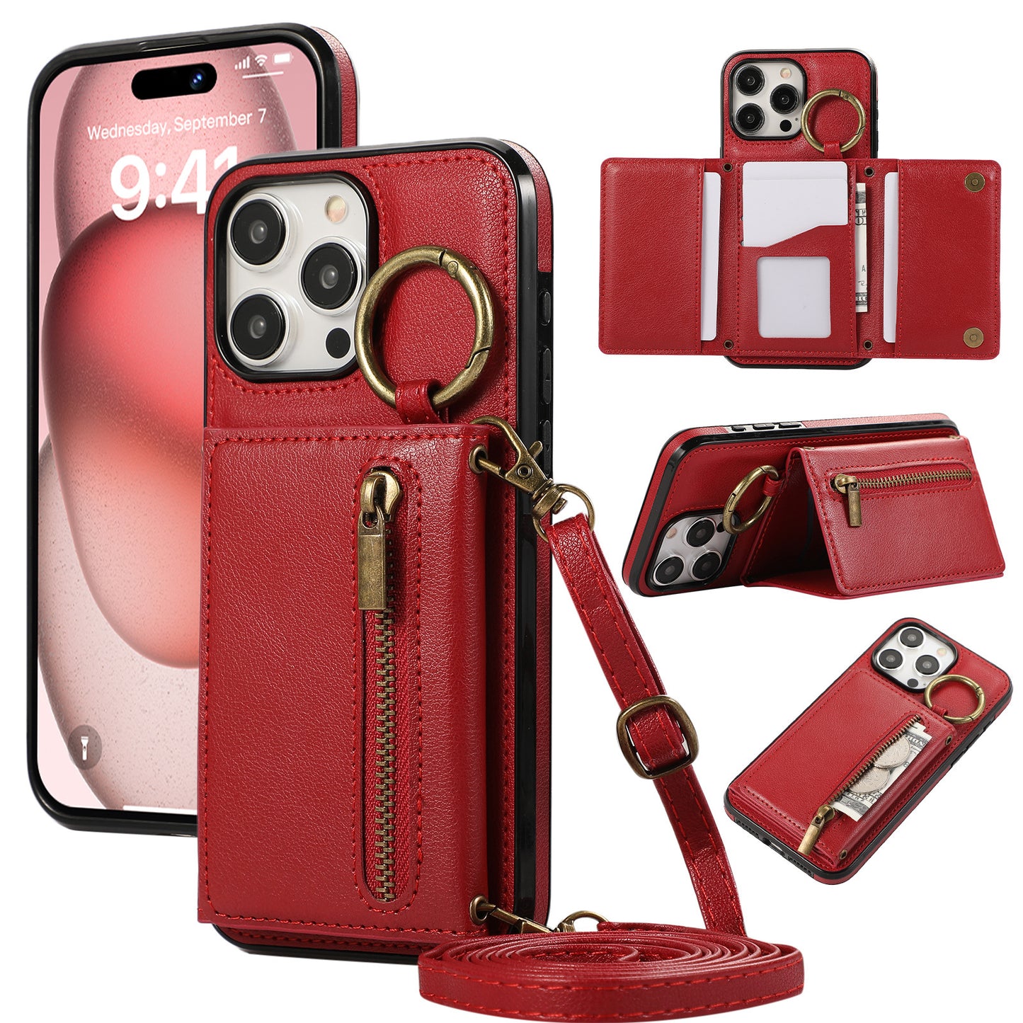 Crossbody Mobile Phone | Tri-fold Fastened Ring Zipper Card Holder | Suitable For IPhone 15 ProMax