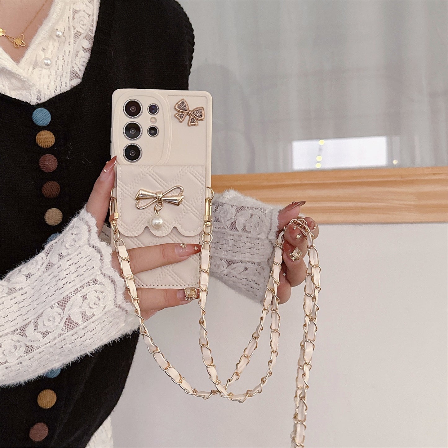 Phone Case Pearl Butterfly Rhombus Card Holder | Phone Case Compatible All model | Samsung S22 | Samsung S23 |Samsung S24 | Samsung S25