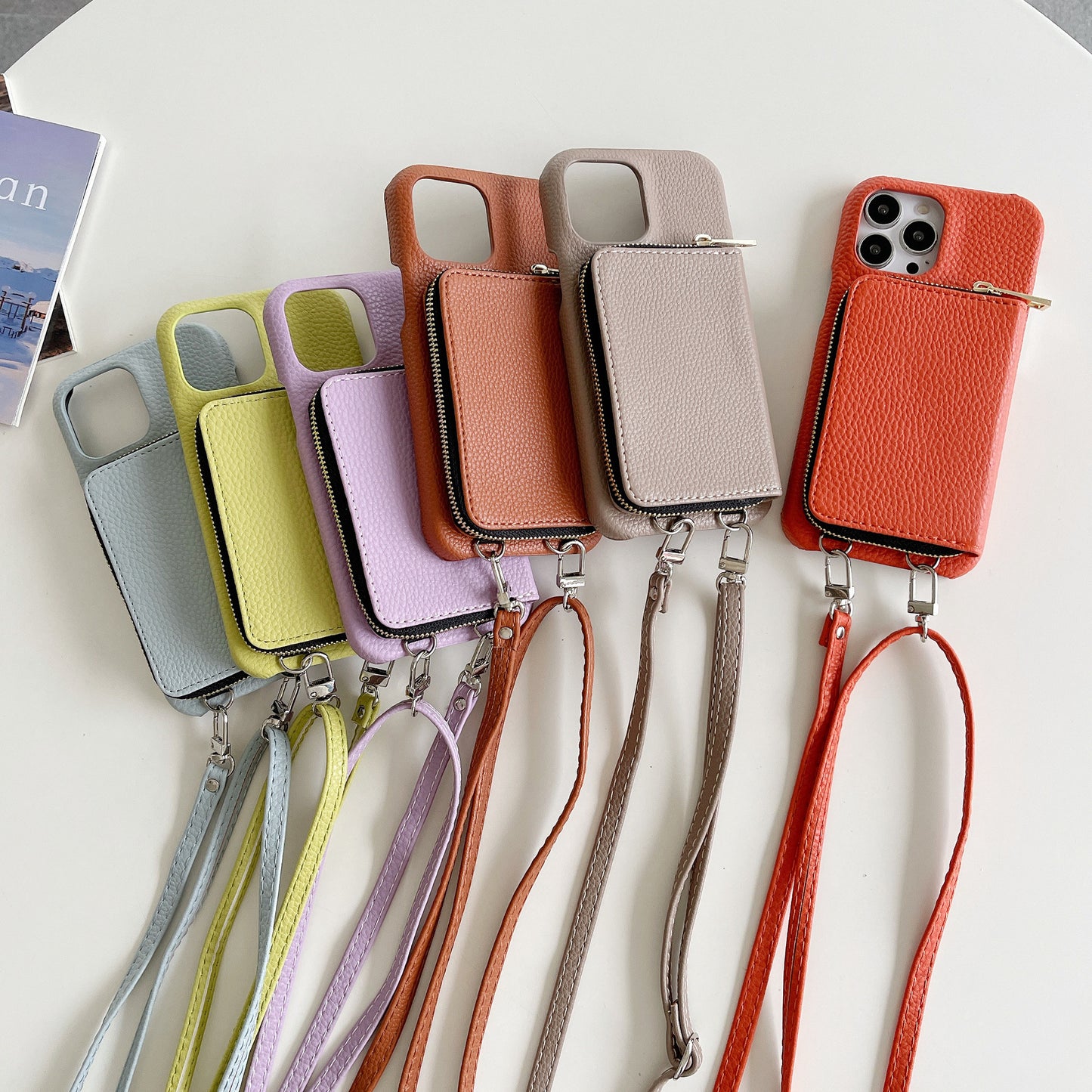 Phone Case Lychee Pattern | Protective Cover with Zipper Card Holder Lanyard Compatible with All Model  IPhone 12 | IPhone 13 | IPhone 14 | IPhone 15