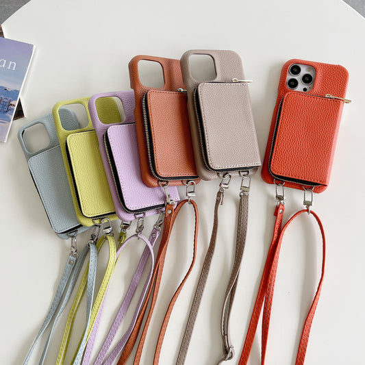 Phone Case Lychee Pattern | Protective Cover with Zipper Card Holder Lanyard Compatible with All Model  IPhone 12 | IPhone 13 | IPhone 14 | IPhone 15