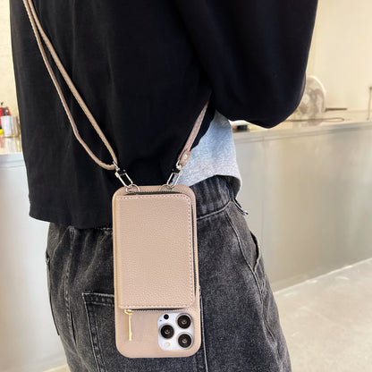 Phone Case Lychee Pattern | Protective Cover with Zipper Card Holder Lanyard Compatible with All Model  IPhone 12 | IPhone 13 | IPhone 14 | IPhone 15