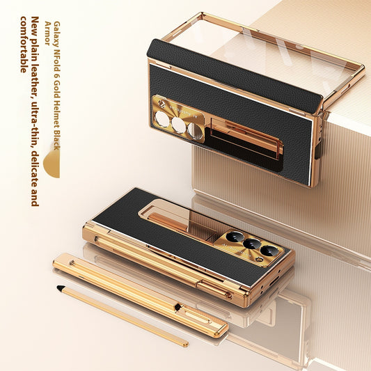 All-inclusive Electroplating Plain Leather Double Hinge Phone Case Hard Case With Pen Slot | Samsung Z Fold 3 |Samsung Z Fold 4 | Samsung Z Fold 5 | Samsung Z Fold 6