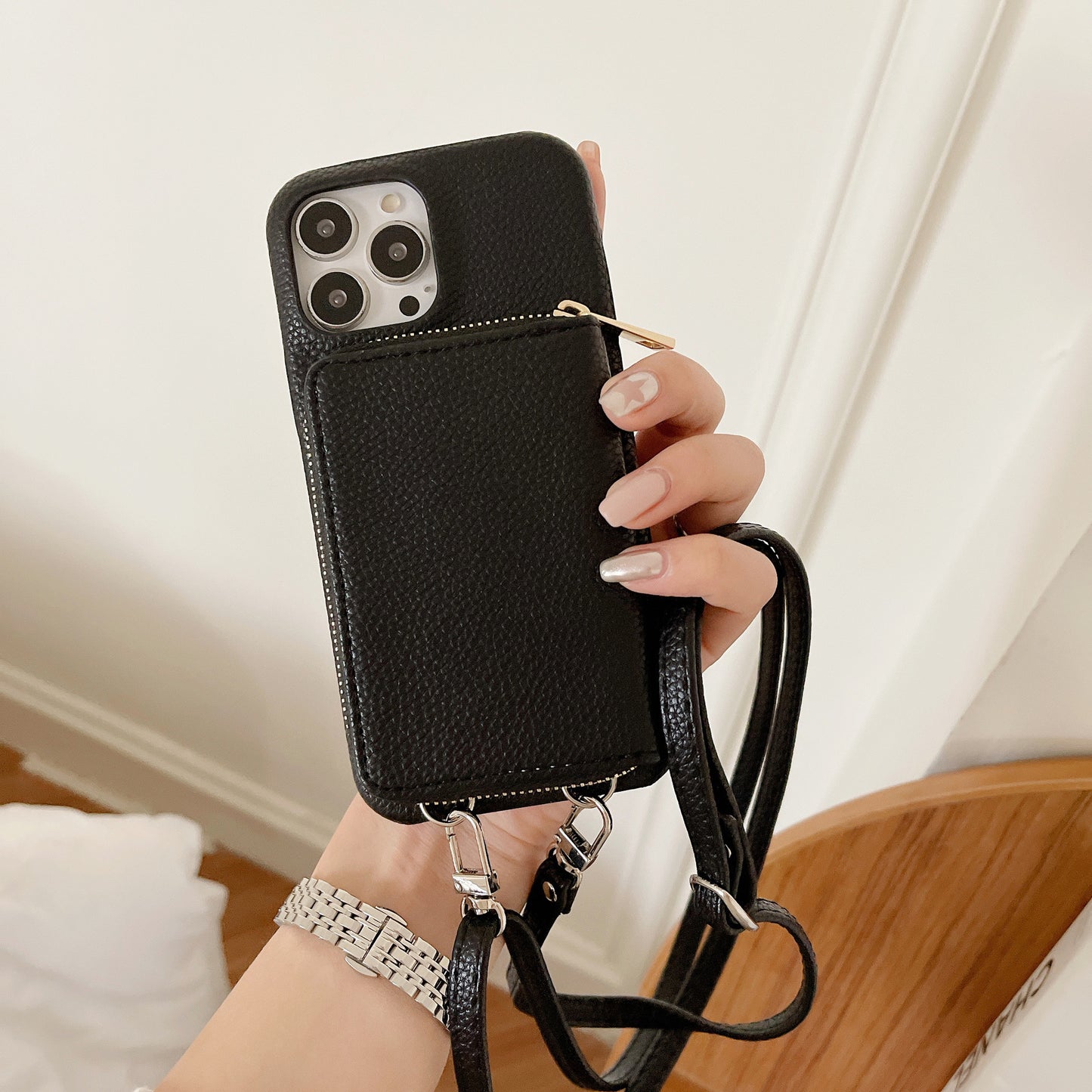 Phone Case Lychee Pattern | Protective Cover with Zipper Card Holder Lanyard Compatible with All Model  IPhone 12 | IPhone 13 | IPhone 14 | IPhone 15