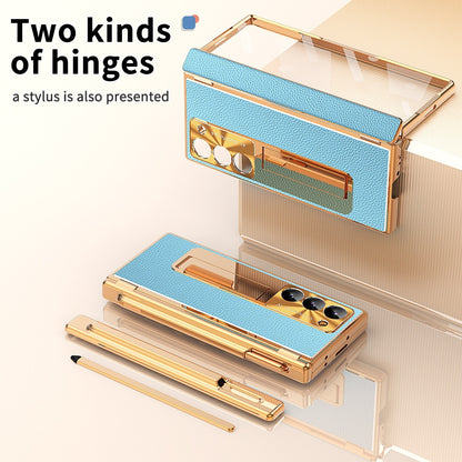 All-inclusive Electroplating Plain Leather Double Hinge Phone Case Hard Case With Pen Slot | Samsung Z Fold 3 |Samsung Z Fold 4 | Samsung Z Fold 5 | Samsung Z Fold 6