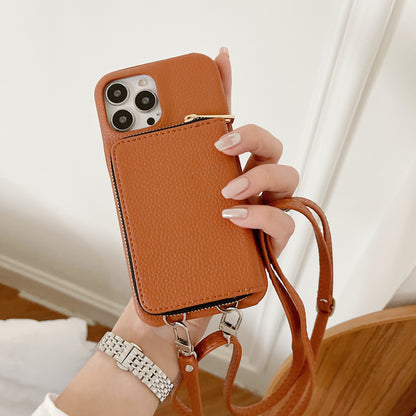 Phone Case Lychee Pattern | Protective Cover with Zipper Card Holder Lanyard Compatible with All Model  IPhone 12 | IPhone 13 | IPhone 14 | IPhone 15