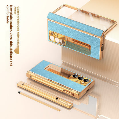 All-inclusive Electroplating Plain Leather Double Hinge Phone Case Hard Case With Pen Slot | Samsung Z Fold 3 |Samsung Z Fold 4 | Samsung Z Fold 5 | Samsung Z Fold 6