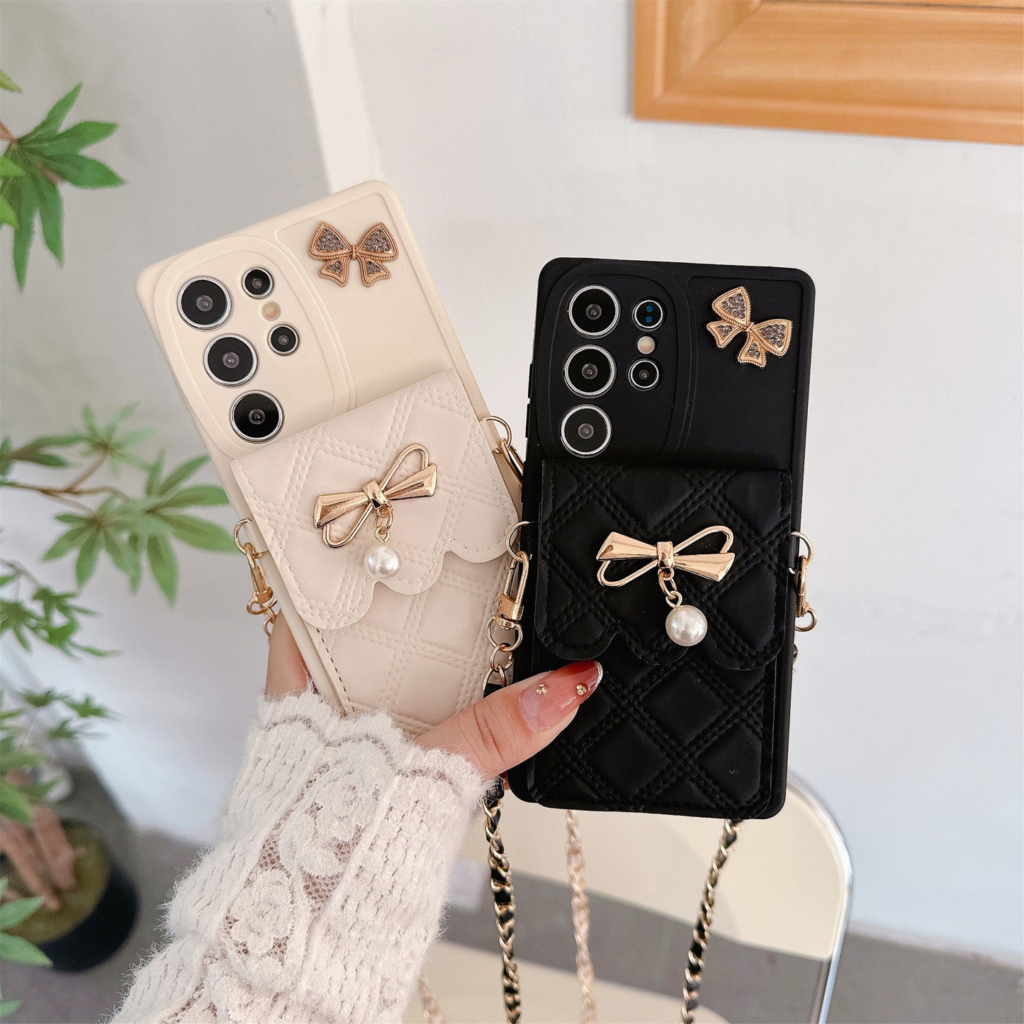 Phone Case Pearl Butterfly Rhombus Card Holder | Phone Case Compatible All model | Samsung S22 | Samsung S23 |Samsung S24 | Samsung S25