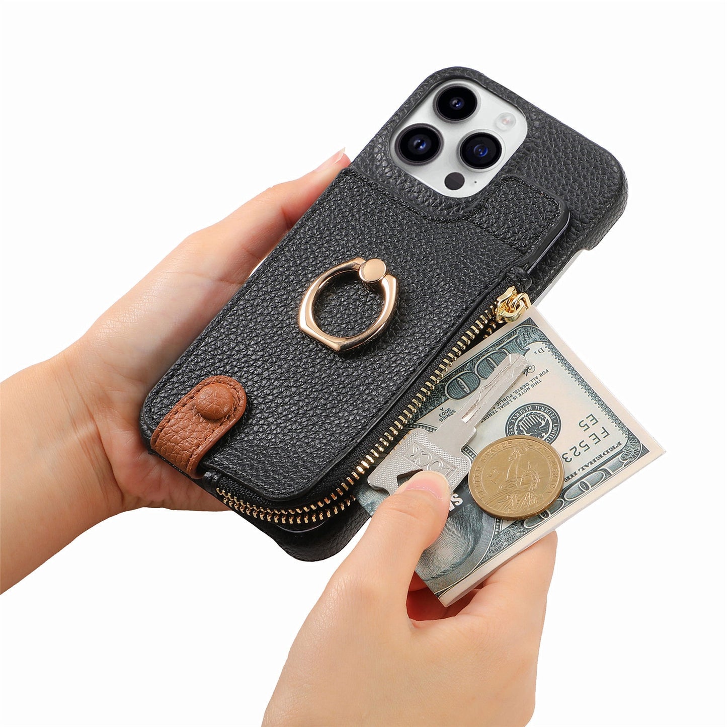 Luxury Leather Wallet Case with Ring Holder & Zipper Pouch | Compatible With iPhone X , iPhone 11, iPhone 12, iPhone 13, iPhone  14, iPhone 15, iPhone 16