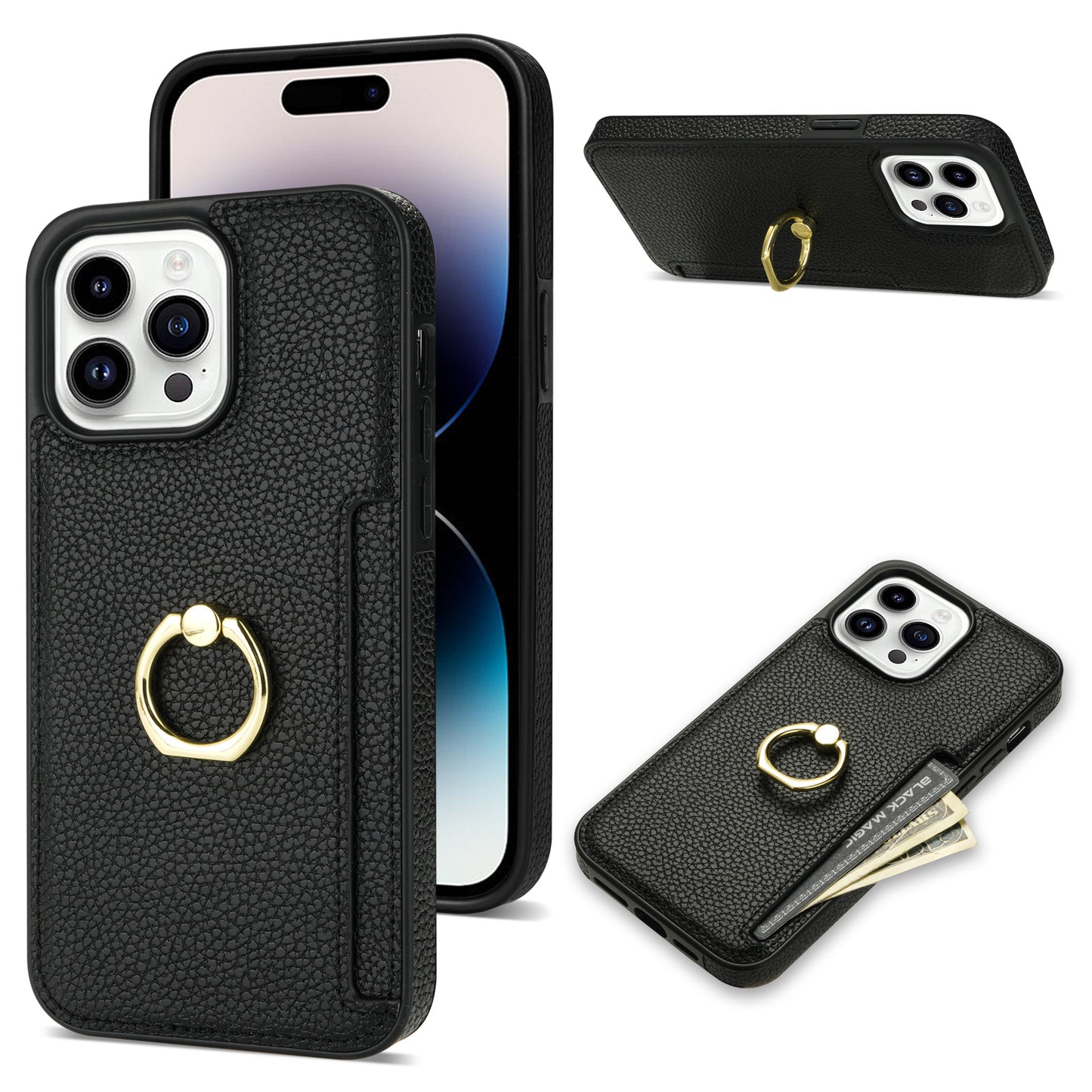 Litchi Pattern Fastened Ring Bracket Card Wallet Anti-fall Shell For all model iPhone 14 | iPhone 15