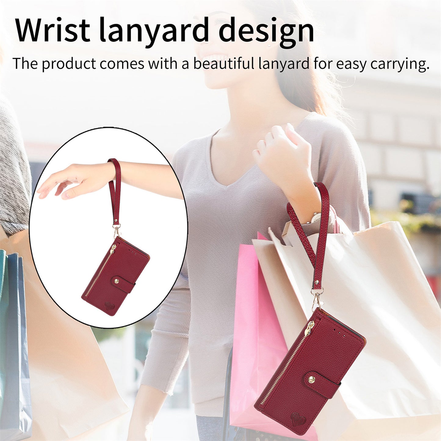 Love Sleeve PU Litchi Pattern | RFID Anti-theft Swiping Lanyard Phone Case All Model | iPhone 14 | iPhone 15 | iPhone 16 | iPhone 16 E / SE 2025 / SE4
