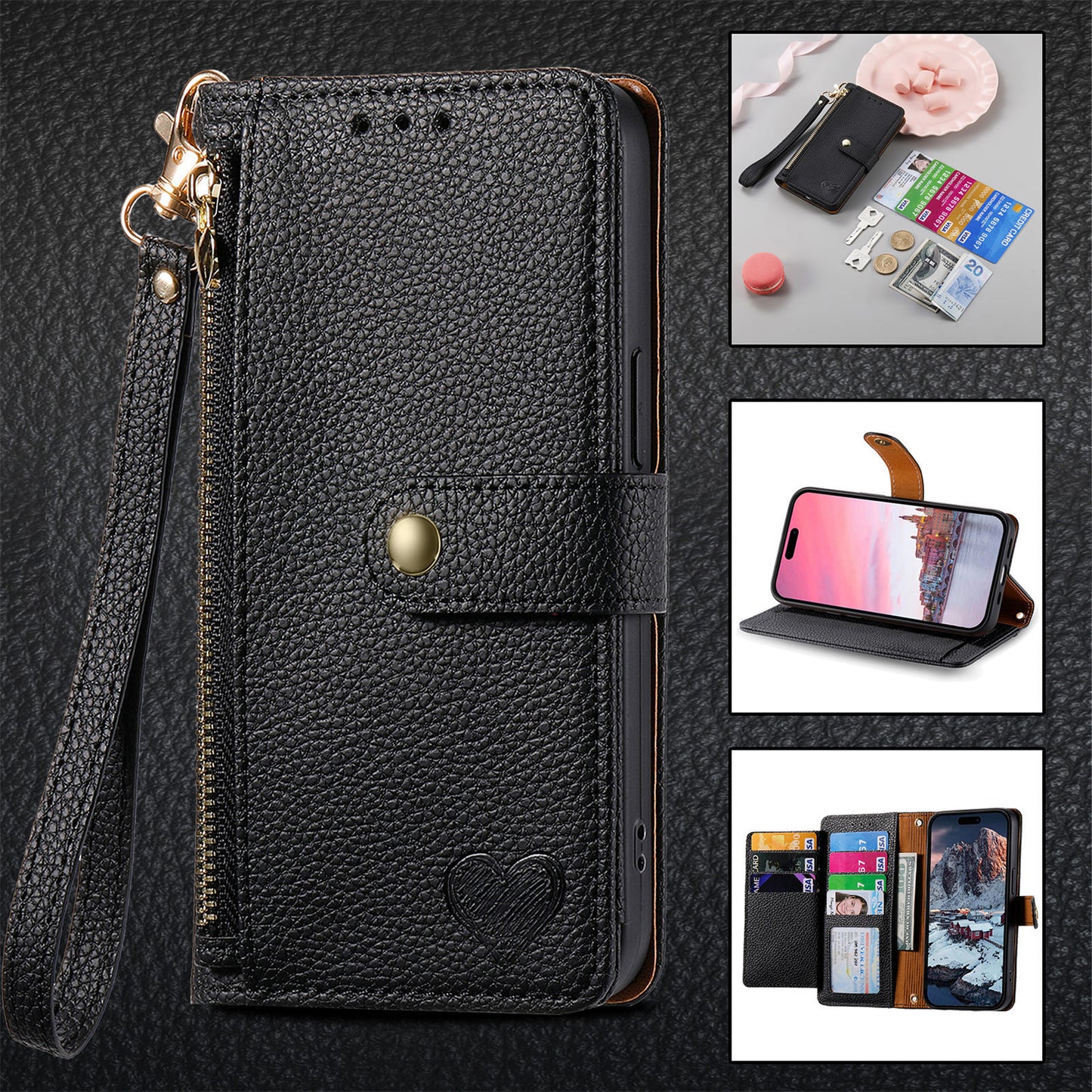 Love Sleeve PU Litchi Pattern | RFID Anti-theft Swiping Lanyard Phone Case All Model | iPhone 14 | iPhone 15 | iPhone 16 | iPhone 16 E / SE 2025 / SE4