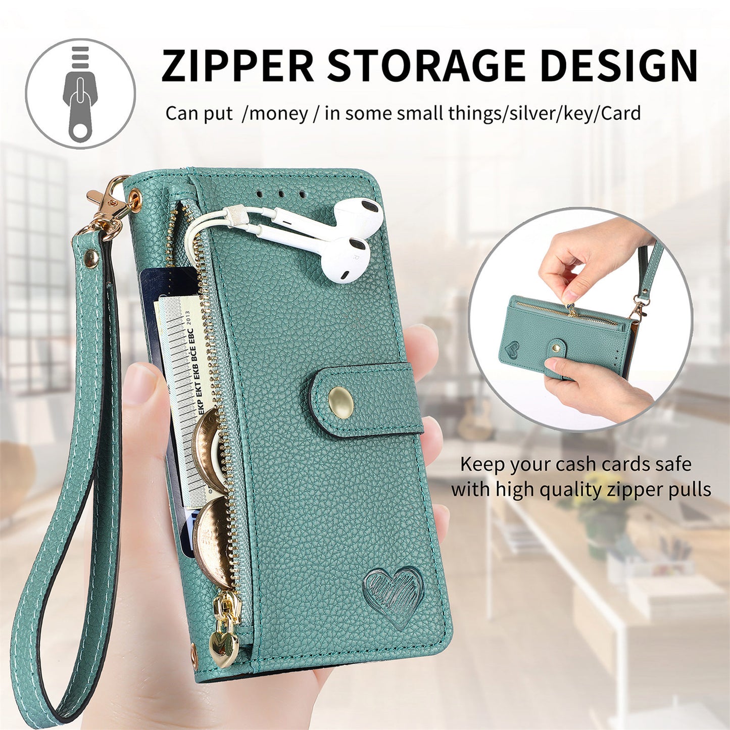 Love Sleeve PU Litchi Pattern | RFID Anti-theft Swiping Lanyard Phone Case All Model | iPhone 14 | iPhone 15 | iPhone 16 | iPhone 16 E / SE 2025 / SE4