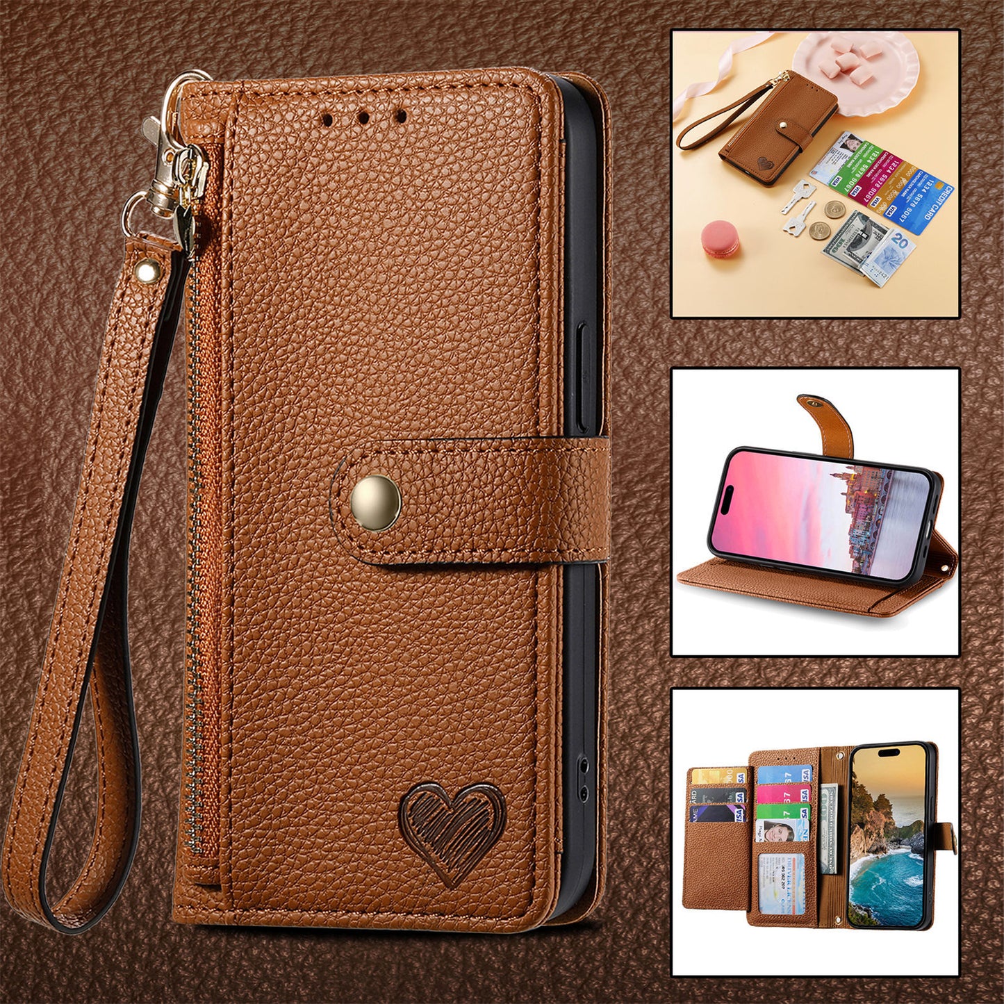 Love Sleeve PU Litchi Pattern | RFID Anti-theft Swiping Lanyard Phone Case All Model | iPhone 14 | iPhone 15 | iPhone 16 | iPhone 16 E / SE 2025 / SE4