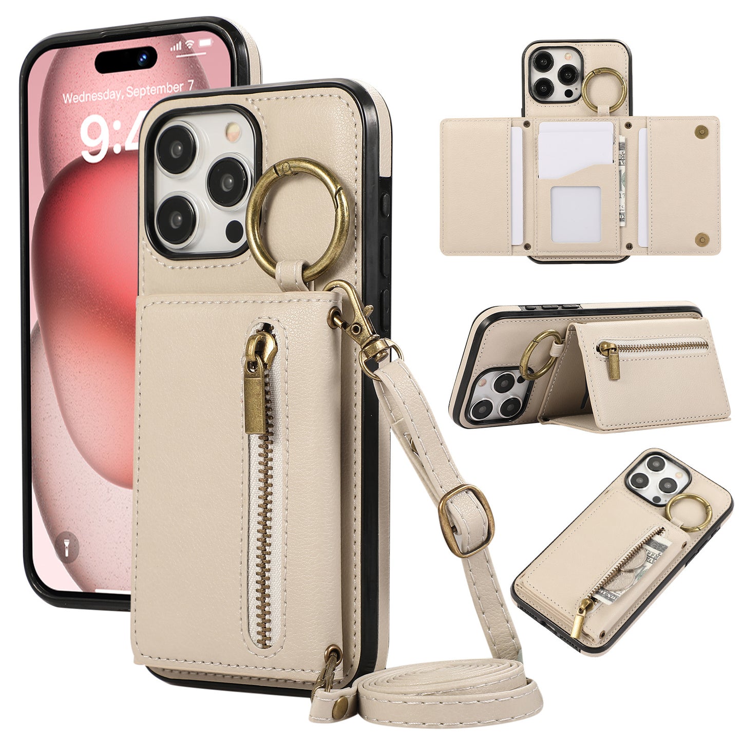 Crossbody Mobile Phone | Tri-fold Fastened Ring Zipper Card Holder | Suitable For IPhone 15 ProMax
