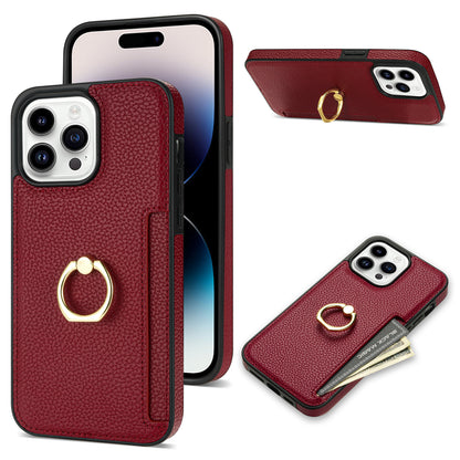 Litchi Pattern Fastened Ring Bracket Card Wallet Anti-fall Shell For all model iPhone 14 | iPhone 15