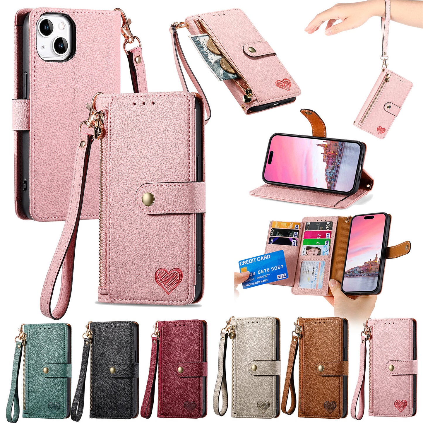 Love Sleeve PU Litchi Pattern | RFID Anti-theft Swiping Lanyard Phone Case All Model | iPhone 14 | iPhone 15 | iPhone 16 | iPhone 16 E / SE 2025 / SE4