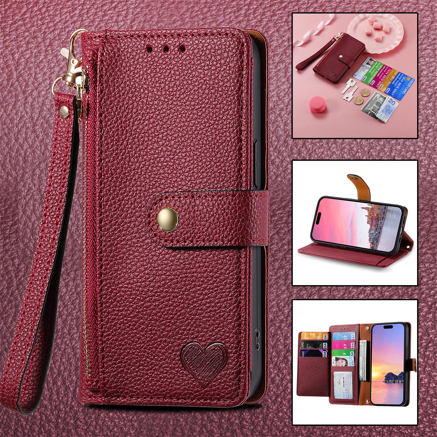 Love Sleeve PU Litchi Pattern | RFID Anti-theft Swiping Lanyard Phone Case All Model | iPhone 14 | iPhone 15 | iPhone 16 | iPhone 16 E / SE 2025 / SE4