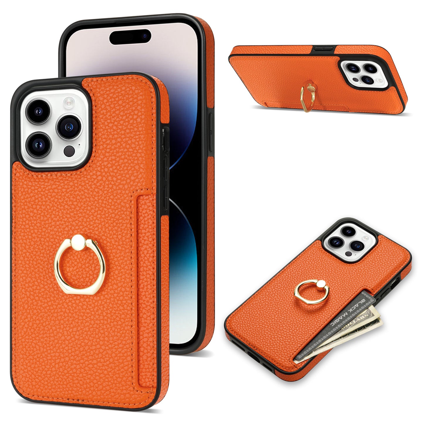 Litchi Pattern Fastened Ring Bracket Card Wallet Anti-fall Shell For all model iPhone 14 | iPhone 15
