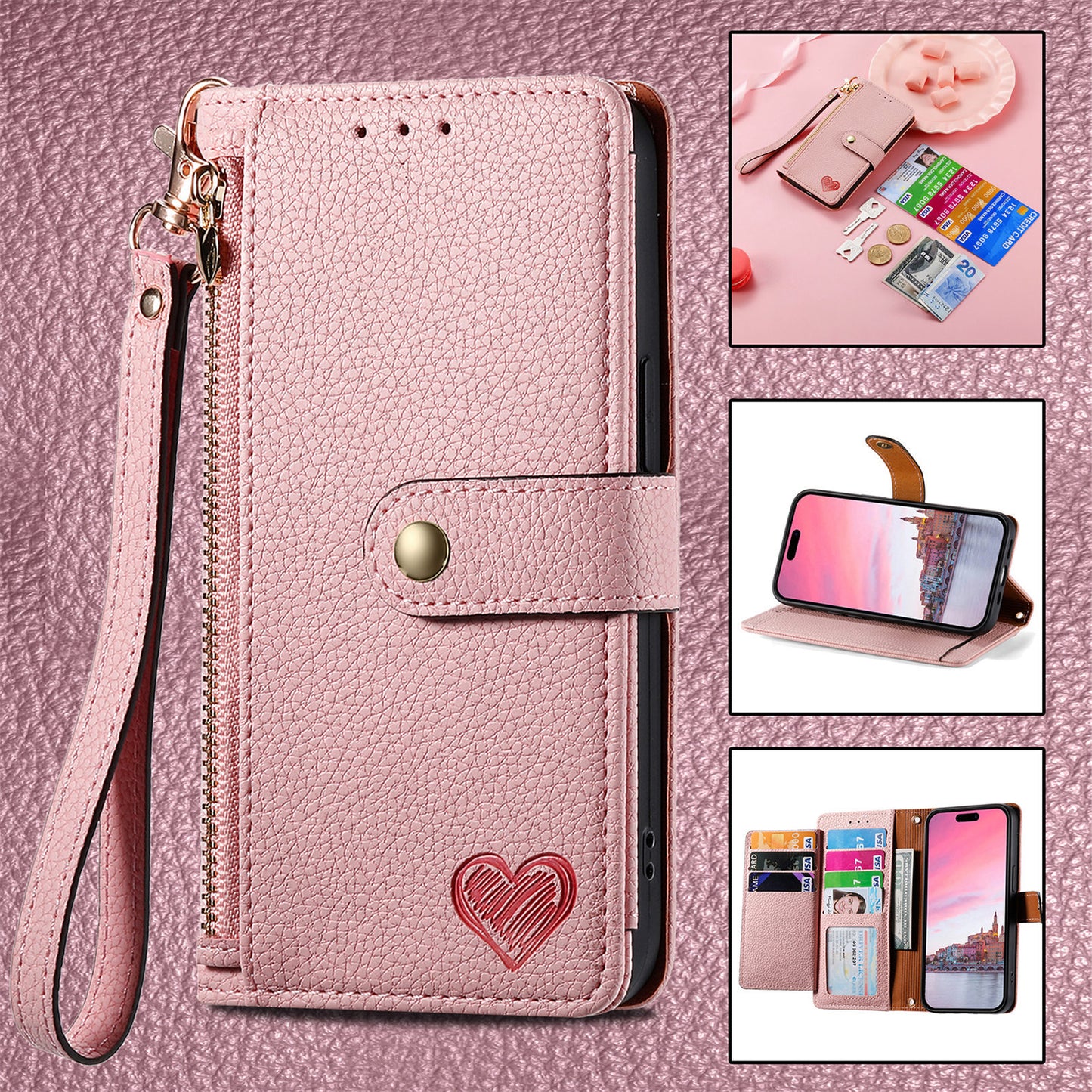 Love Sleeve PU Litchi Pattern | RFID Anti-theft Swiping Lanyard Phone Case All Model | iPhone 14 | iPhone 15 | iPhone 16 | iPhone 16 E / SE 2025 / SE4