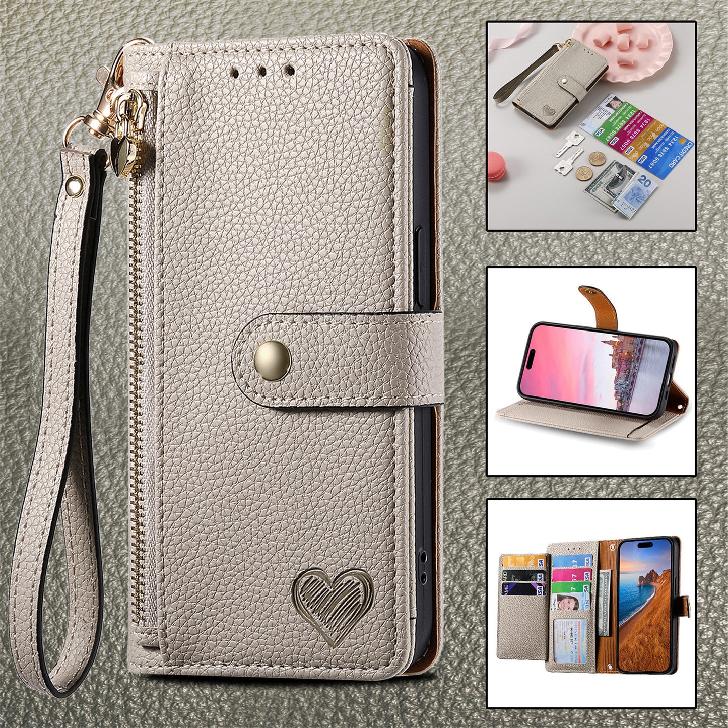 Love Sleeve PU Litchi Pattern | RFID Anti-theft Swiping Lanyard Phone Case All Model | iPhone 14 | iPhone 15 | iPhone 16 | iPhone 16 E / SE 2025 / SE4