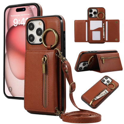 Crossbody Mobile Phone | Tri-fold Fastened Ring Zipper Card Holder | Suitable For IPhone 15 ProMax