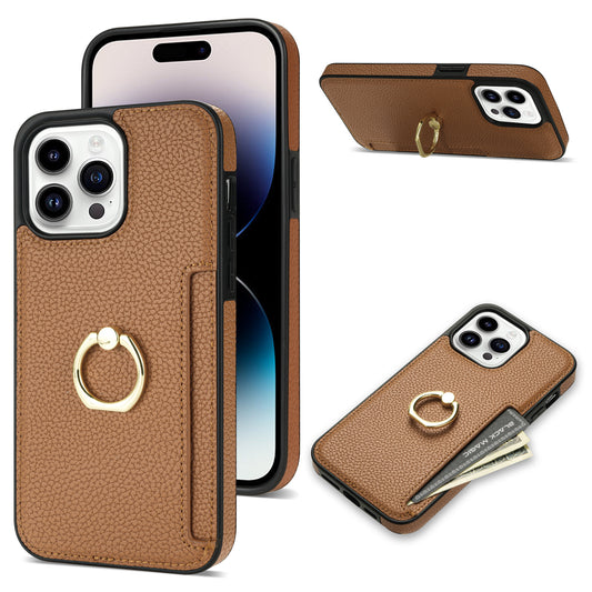 Litchi Pattern Fastened Ring Bracket Card Wallet Anti-fall Shell For all model iPhone 14 | iPhone 15
