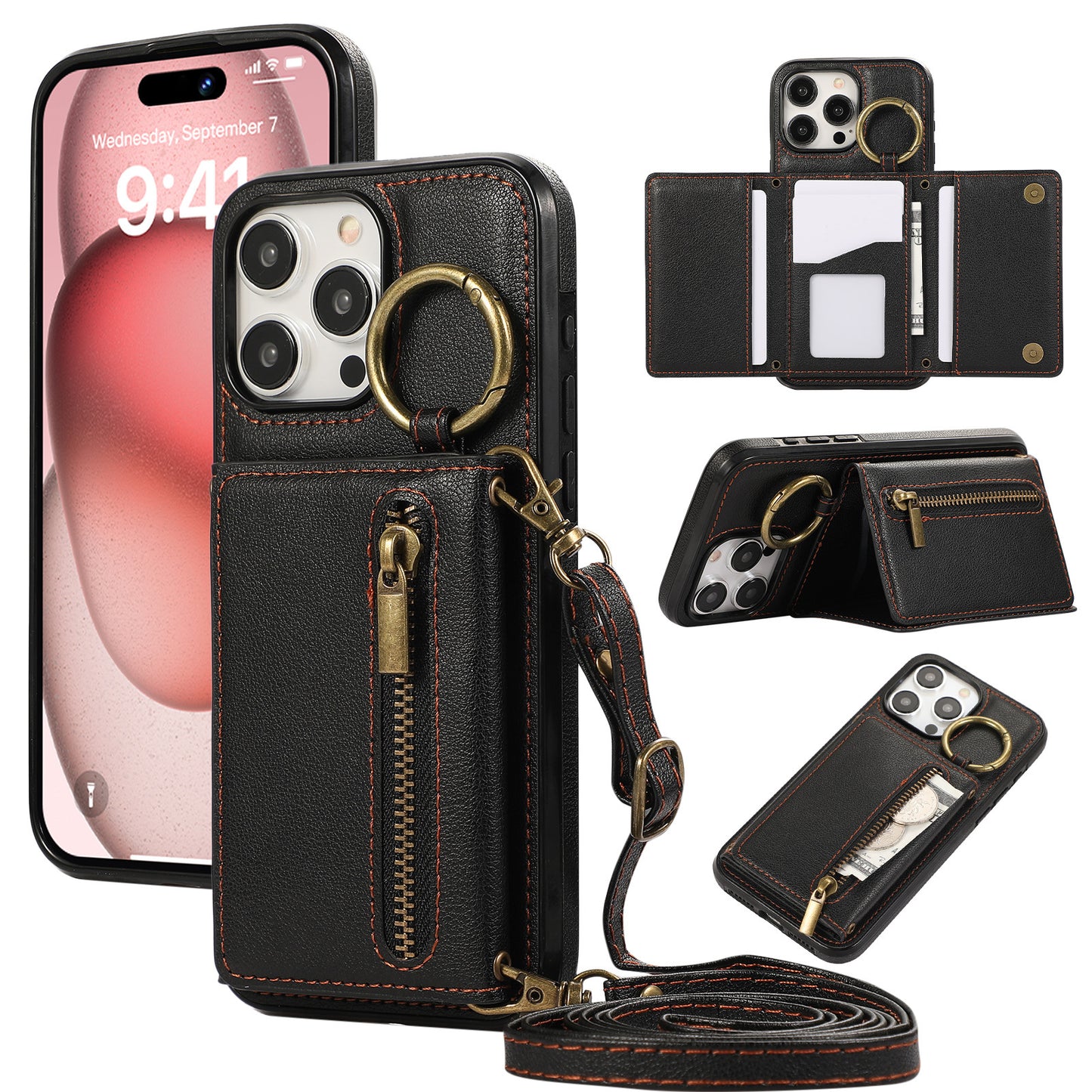 Crossbody Mobile Phone | Tri-fold Fastened Ring Zipper Card Holder | Suitable For IPhone 15 ProMax