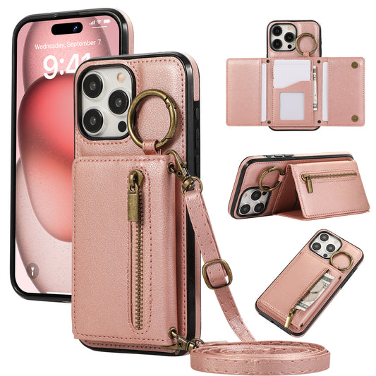 Crossbody Mobile Phone | Tri-fold Fastened Ring Zipper Card Holder | Suitable For IPhone 15 ProMax