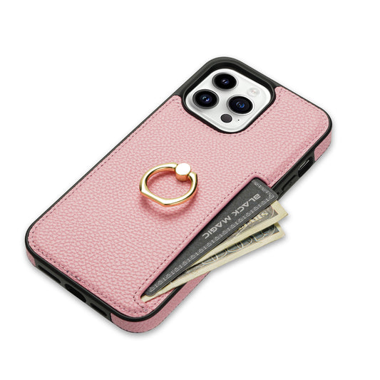 Litchi Pattern Fastened Ring Bracket Card Wallet Anti-fall Shell For all model iPhone 14 | iPhone 15